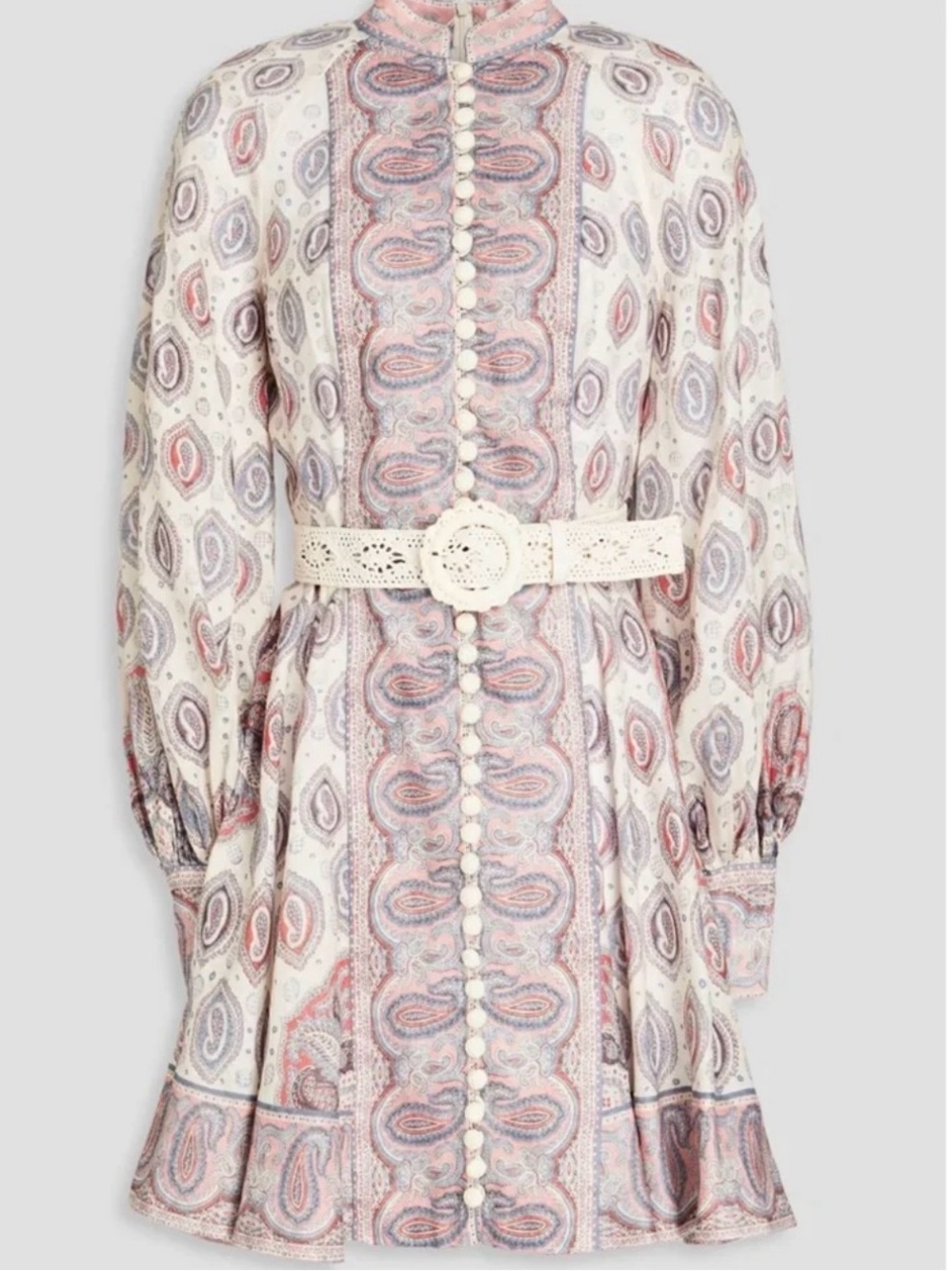 Zimmermann Vitali Paisley Long-Sleeve Linen Mini Dress with Crochet Belt